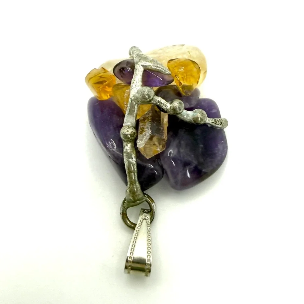 Amethyst Citrine Quartz Crystal Pendant Silver Tone Brutalist‎ Boho Artisan